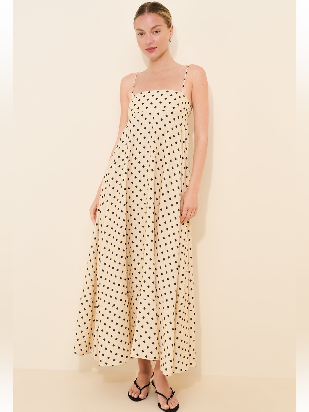 VRG GRL Behati Maxi Dress 14 Cream Black Diamond Print Smocked Back Flowy L XL